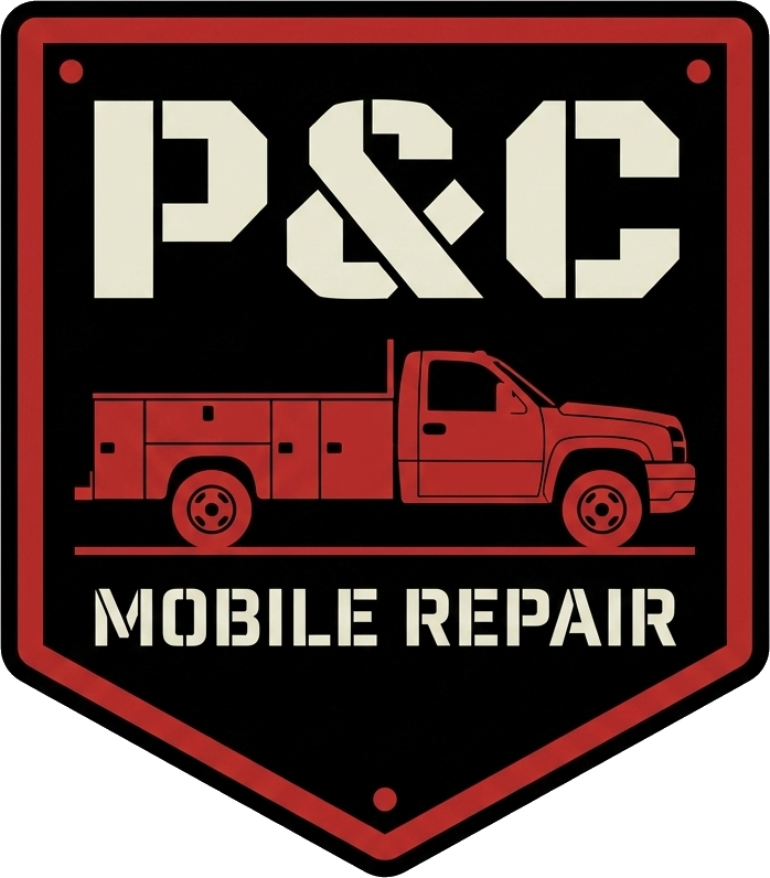 P&C Mobile Repair logo, hexagon badge with a service truck