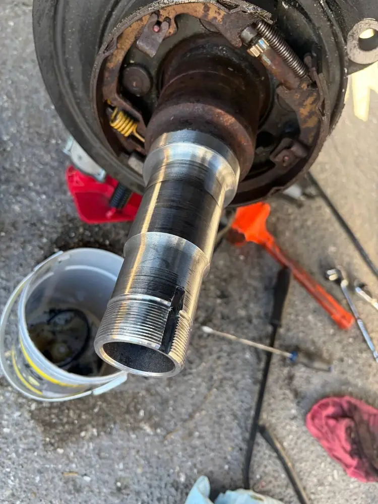 Brake drum and spindle assembly opened up during a P&C Mobile Repair trailer brake job
